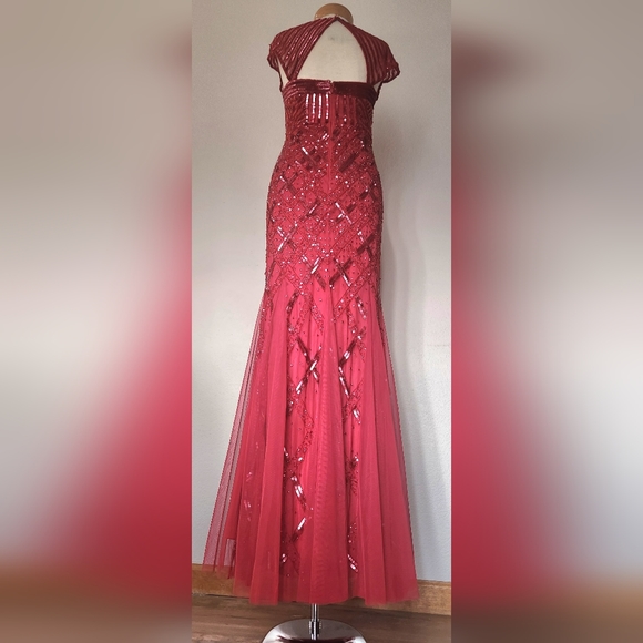 Beaded Adrianna Papell Cap Sleeve Square Neck Claret Red Dress Gown 6p - Picture 7 of 16